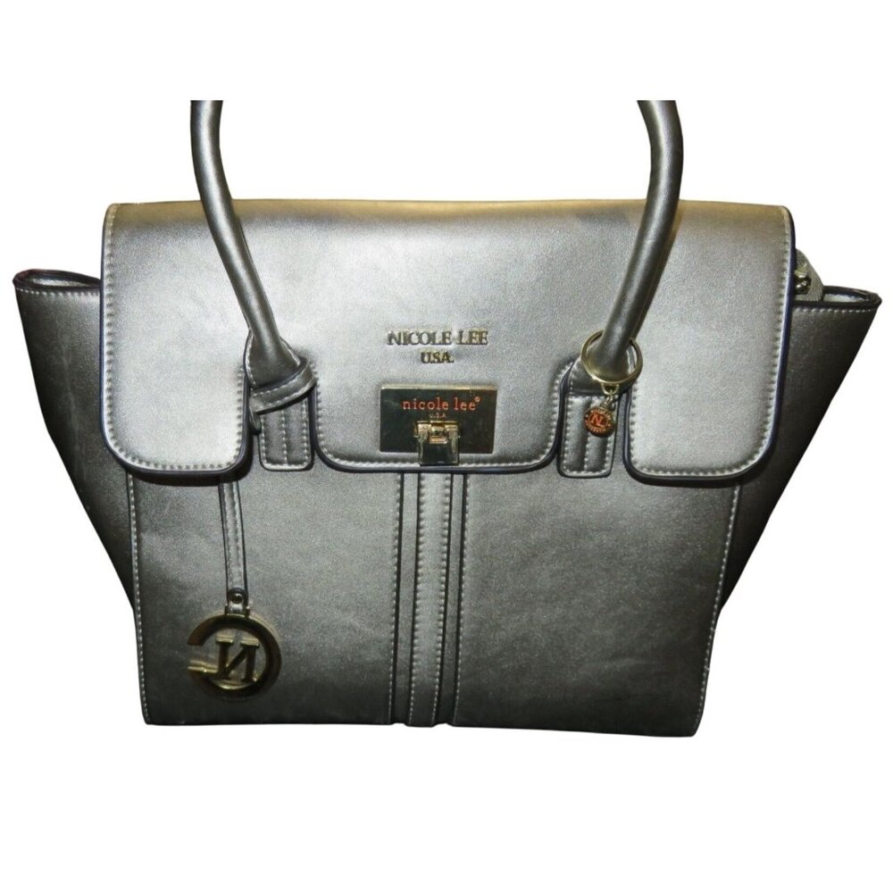 Nicole Lee Pewter Structured Vegan Leather top handle satchel with Charms